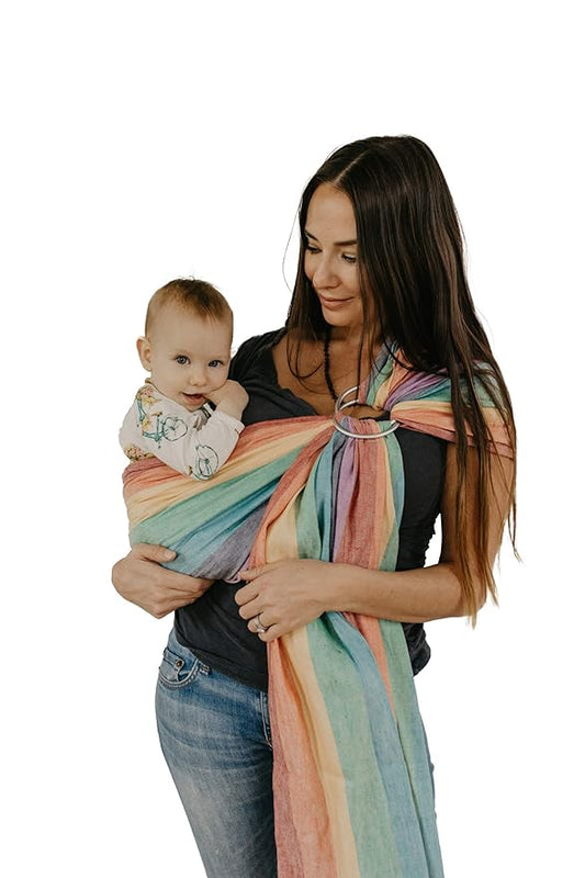 Hip Baby Wrap Ring Sling Baby Carrier - Extra Soft Bamboo Linen Baby Wraps Carrier Machine Washable Baby Tush Carrier Made with All Natural Plant Based Dyes Perfect Baby Shower Gifts Rainbow Brite