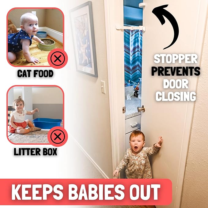 Door Buddy Child Proof Door Lock & Cat Door Stopper. Adjustable Door Strap Latch to Baby Proof Door & Keep Toddler out of Cat Food & Litter Box. Easy Pet & Baby Gate with Cat Door Interior Alternative