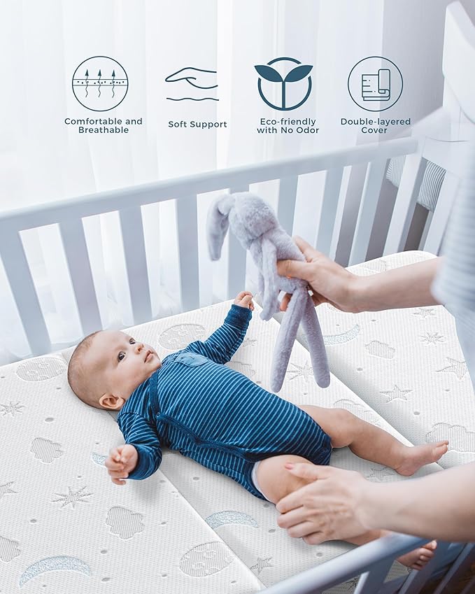 Trifold Pack and Play Mattress 38x26'' Breathable Soft Plush Memory Foam for Baby Toddler Travel Includes Carry Bag Removable Washable Cover Fits Play Pen Playard Pack n Play Mattress Pad