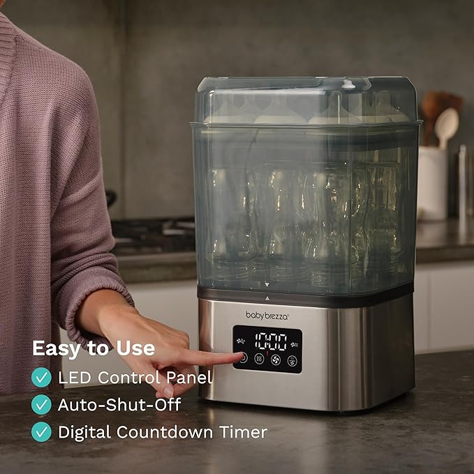 Baby Brezza 10 Minute SuperQuick Bottle Sterilizer + Dryer - Large 8 Bottle Capacity - Steam Sanitization – Universal Fit for All Bottles: Plastic + Glass + Pacifiers + Breast Pump Parts, Stainless