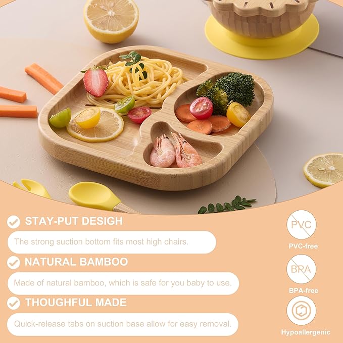 BABY REMEMBER Suction Plates Bowls Set for Baby Toddler Non-Toxic Bamboo Feeding Set with Silicone Fork & Spoon (Yellow Feeding Set)