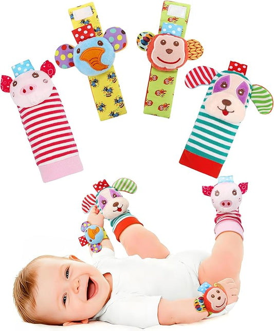 SSK Soft Baby Wrist Rattle Foot Finder Socks Set,Cotton and Plush Stuffed Infant Toys,Birthday Holiday Birth Present for Newborn Boy Girl 0/3/4/6/7/8/9/12/18 Months Kids Toddler,4 Cute Animals