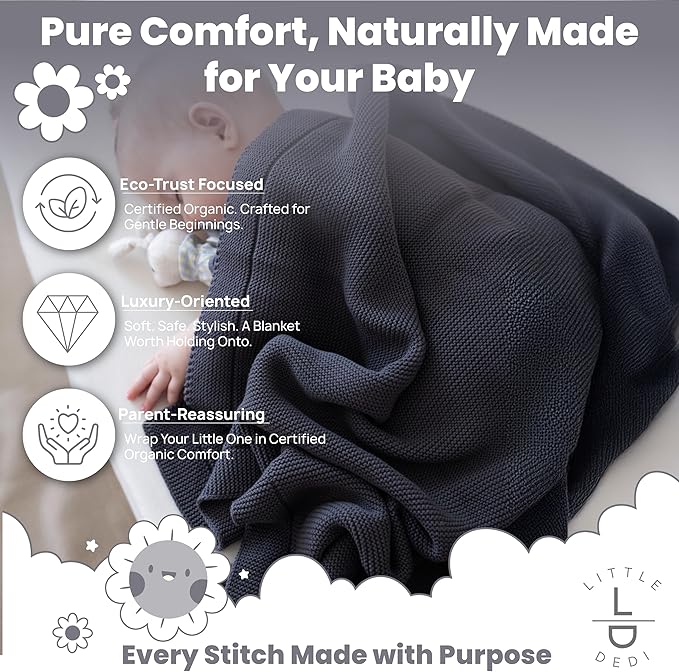 Little Dedi 100% Organic Cotton GOTS Certified Baby Knitted Blanket with Gift Box - Soft Toddler, Crib, Stroller Blanket - Neutral Swaddle and Receiving Blanket for Newborns, 30"x40", Dark Grey