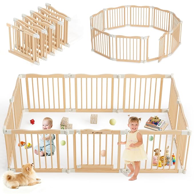 Foldable Wooden Playpen - Adjustable Wood Baby Play Yard with Door, Indoor Large Safety Fence for Babies and Toddlers - Easy Assembly, 10 Panels, Nature Nest