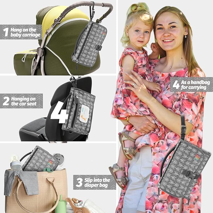 Portable Diaper Changing Pad - Changing Pad Portable with Wipes Pocket, Waterproof Diaper Changing Mat, Portable Changing Pad for Baby, Newborn Gift (Grey Arrows)
