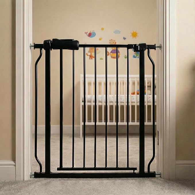 Walk Through Baby & Dog Gate 29-34 Inch, Tension Mounted No Drilling, Indoor Safety Gate for Stairs & Doorways, Metal Design for Kids and Pets, Black