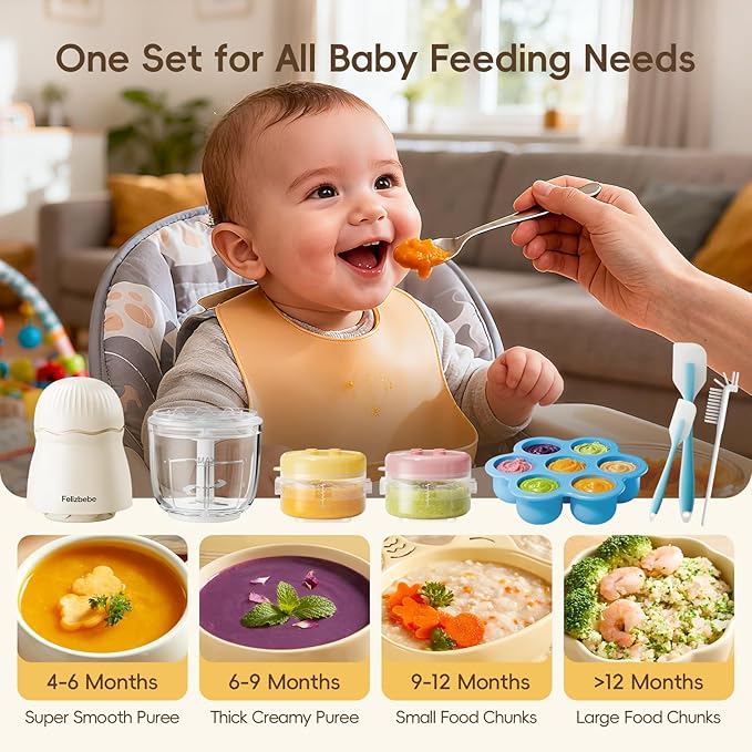 Baby Food Maker, Small Baby Food Processor Set, Fruit, Vegatable, Meat, 10oz Baby Food Maker & Puree Blender with Baby Containers, Food Freezer Tray, Silicone Spoons, Spatula