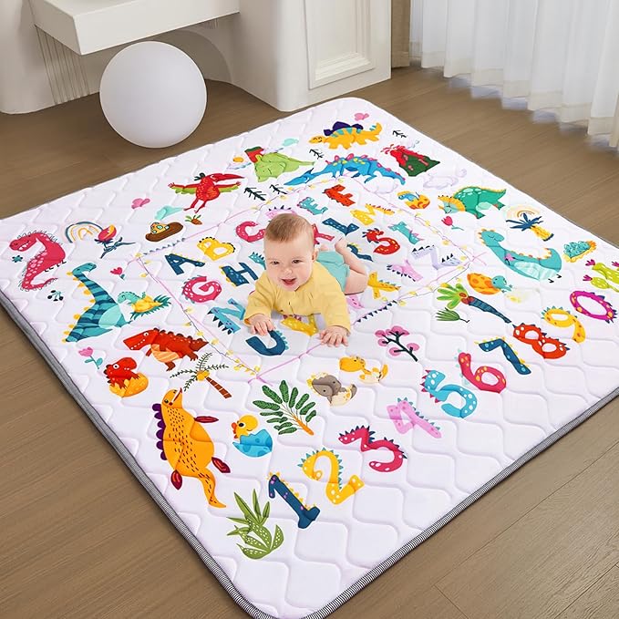 TreeBud Baby Play Mat - Thicken 50x50 Inch Soft Foam Crawling Mat for Playpen & Floor, Non-Slip Waterproof Playmats for Infants & Toddlers, Portable Foldable & Machine Washable, Dinosaur & Letters