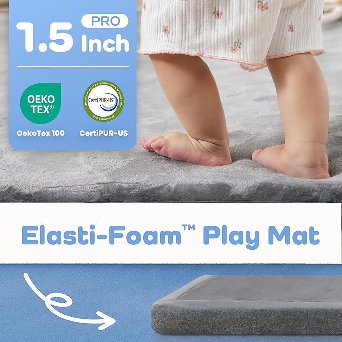 1.5" Thick Padded Baby Play Mat for Floor Tummy Time, Pro Soft Foam Activity Playroom Playmats, Easy Care with Non-Slip Safe for Infant Toddler Kids Crawling 59"x 71" (Dark Grey)