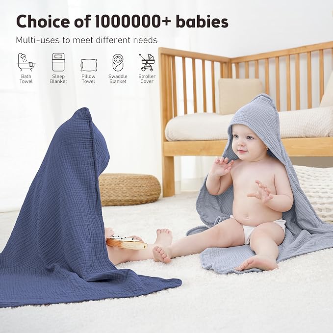 Susurration Hooded Baby Towels for Newborn 2 Pack 100% Muslin Cotton Towel for Babies，Highly Absorbent and Newborn Essential 30x30 Inch Gray&Blue