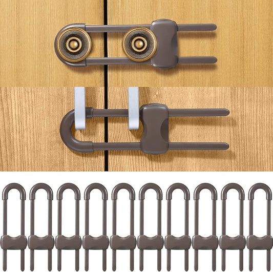 Jetec 10 Pieces Cabinet Locks for Babies, U-Shaped Proofing Drawers Safety Child Locks Adjustable, Easy to Use Childproof Latch for Knob Handle on Kitchen Door Storage Cupboard Closet (Brown)