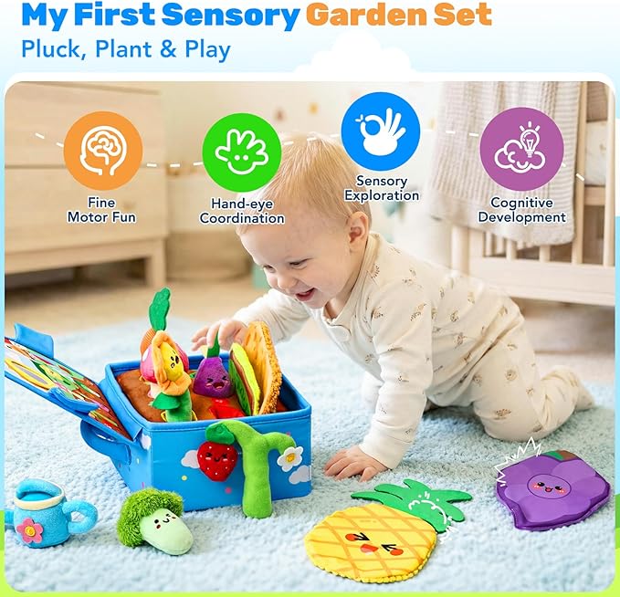 Baby Toys 6-12 Months, Montessori Sensory Garden Plush Set Vegetable Fruits, Baby Developmental Learning Toys with Rattle Squeaker Mirror Texture Tissue, Gifts for 6+ month old Boy Girl Christmas