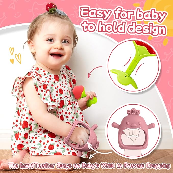 Baby Teething Toys (5 Pack) - Tinabless Infant Teething Keys&Silicone Teething Mitten Set for Babies Over 3 Months, Anti Dropping Baby Chew Toys for Sucking Needs, BPA Free(Coral Red)