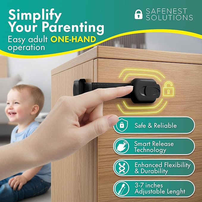 SAFENEST Child Proof Cabinet Locks (5 Pack Black) 3M Adhesive for Cabinets and Drawers, Fridge, Drawer Locks Baby Proofing, No Drilling; Alcohol Prep Pads Included