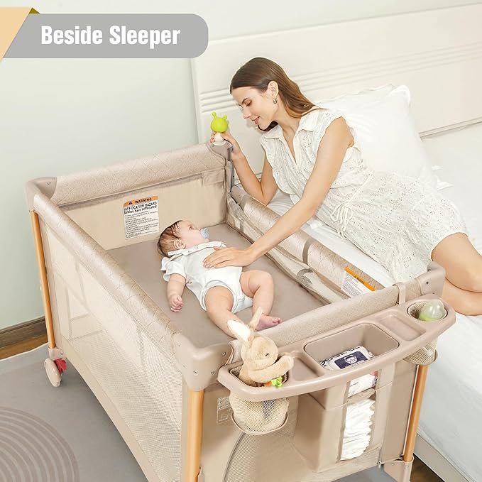 Baby Bassinet 5 in 1 Pack and Play,Baby Crib Adjustable Beside Sleeper One-Second &One-Hand Setup,Portable Playard Foldable Playpen for Newborn,Babies and Toddlers with Changing Table,Mattress (Beige)