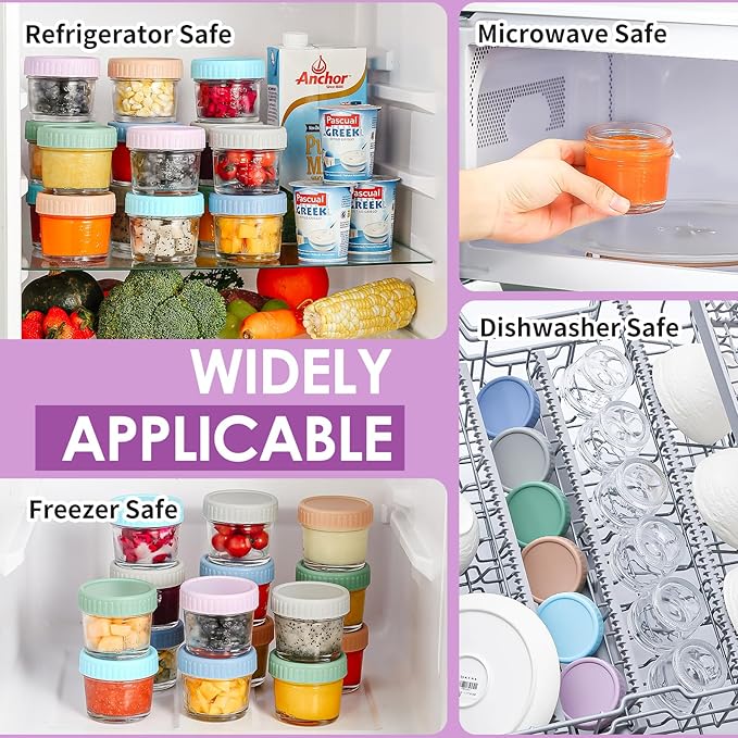 DRKIO 12 Pack Glass Baby Food Storage Containers - 4 Oz Baby Food Jars with Lids Baby Food Maker Microwave Dishwasher Freezer Safe 100% Leak Proof BPA Free Reusable