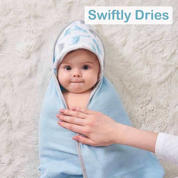 Viviland Baby Towels and Baby Wash Cloths Set Hooded Baby Towels Baby Wipes Absorbent Bath Face Towels Burp Cloths or Face Towels for Girl Boy 6-Pack Size 28 x 28 Inch(Dinosaur)