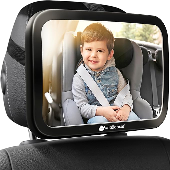 KeaBabies Shatterproof Baby Car Mirror, Backseat - Large Safety Car Seat Mirror for Baby Rear Facing, 360 Crystal Clear View, Accessories for Removable Headrest, Easy Install & Adjust (Sleek Black)