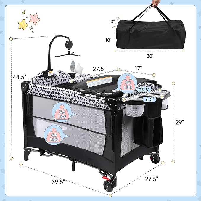 Xilingol 5-in-1 Pack and Play, Baby Bassinet Bedside Sleeper with Diaper Changer, Storage Bag & Music Box, Portable Baby Crib with Carry Bag, Foldable Playard with Bassinet for Newborn to Toddlers