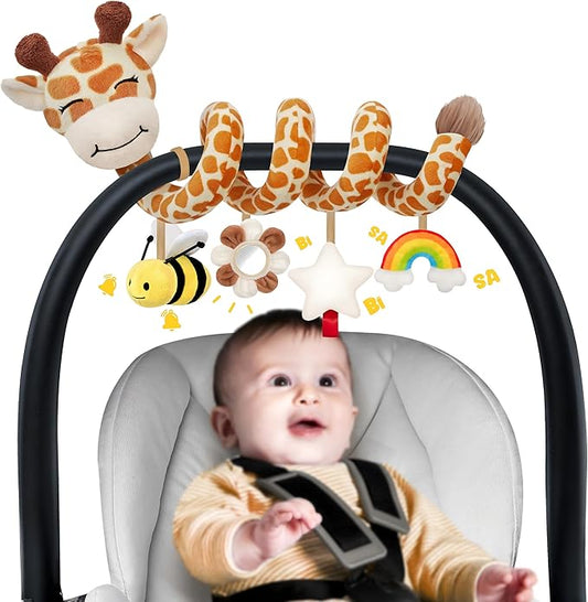 Stuffed Spiral Car Seat Baby Toys 0-6 Months, Infant Giraffe Sensory Toys Hanging Stroller Accessories, Newborn Shower Gifts for Baby Boys Girls Essentials | Cute Colorful Giraffe