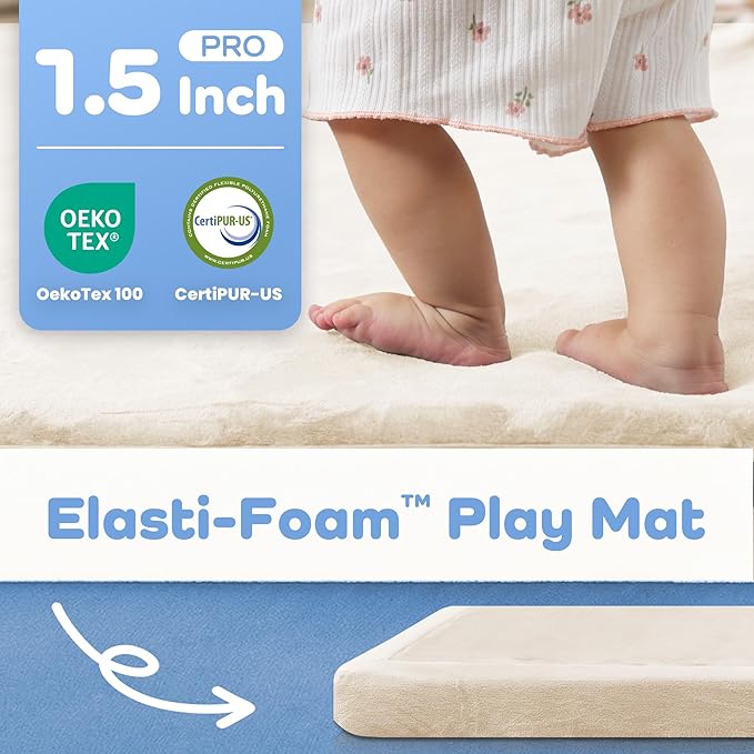 1.5" Thick Baby Play Mat for Floor Tummy Time, 59"x 79" Pro Soft Baby Activity Playmats Playroom, Easy Care with Non-Slip Safe for Infant Toddler Kids Crawling(Beige)