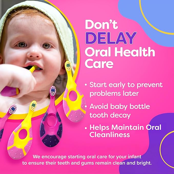 Trueocity Infant Toothbrush Set for Oral Care (12 Months+) – Soft Bristles, Small Brush Head, Easy-Grip Handle – 4-Pack (Pink & Purple)