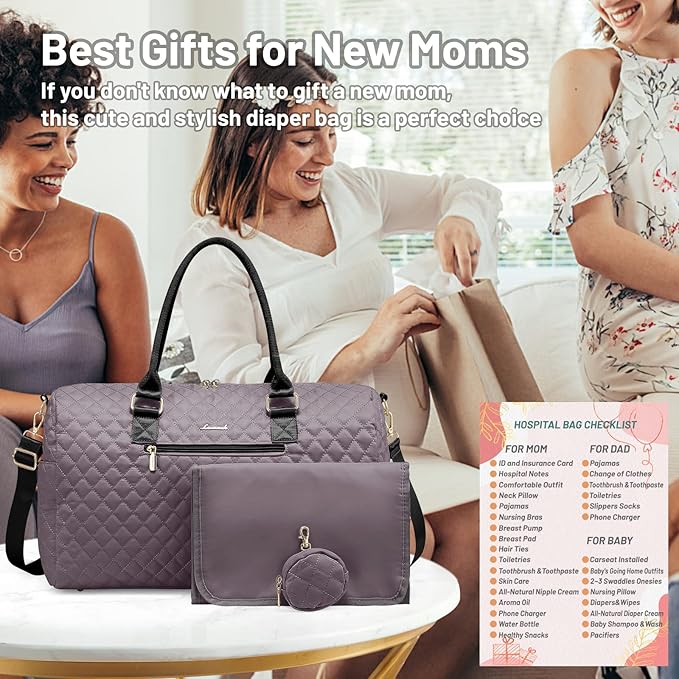 LOVEVOOK Diaper Bag Tote with Pacifier Case and Changing Pad, Large Capacity Mommy Bag for Hospital and Weekender Travel, Functional Baby Bag Newborn Baby Essential, Purple Gray