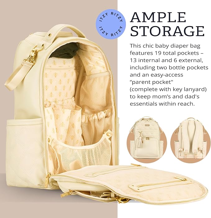 Itzy Ritzy Diaper Bag Backpack – Large Capacity Boss Plus Baby Backpack Diaper Bag Featuring 19 Pockets, Changing Pad, Stroller Clips, and Comfortable Straps (Milk & Honey)