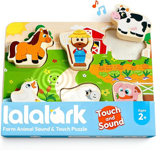 lalalark Tactile & Sound Wooden Chunky Puzzles for Baby 2-4, Musical Farm Animal Toys, Educational Wooden Block Puzzles, Kids Christmas Birthday Gifts, Toddler Learning Toys for 2 Years Old Boys Girls