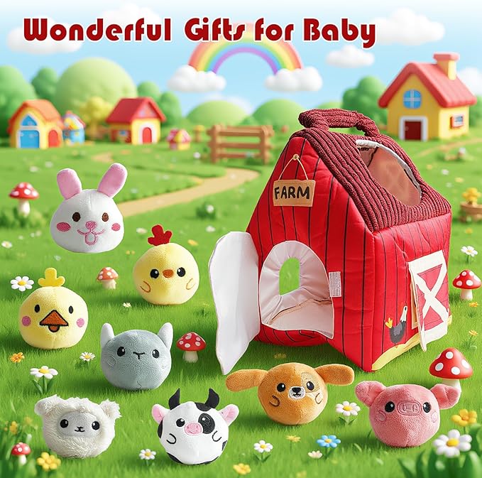 Baby Montessori Toys 6-12 Months, Busy Sensory Toys for Toddlers 1-3, Plush Big Red Barn with Stuffed Farm Animals, Rattle, Crinkle,Christmas Easter Birthday Gifts for Baby Boys Girls