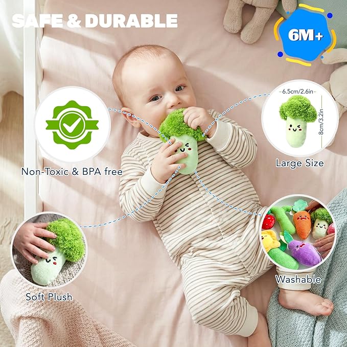 Baby Toys 6-12 Months, Montessori Sensory Garden Plush Set Vegetable Fruits, Baby Developmental Learning Toys with Rattle Squeaker Mirror Texture Tissue, Gifts for 6+ month old Boy Girl Christmas