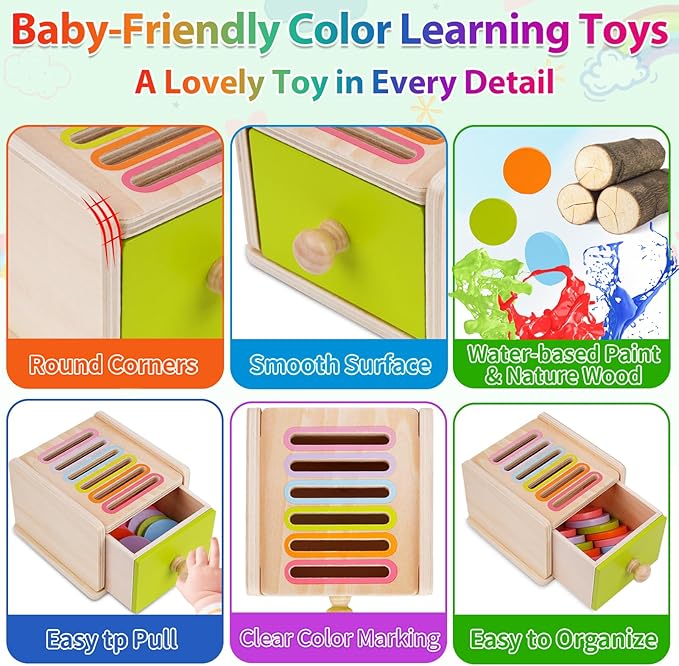 FCSONU Toddlers Montessori Coin Box Toys for 1 2 3 Year Old, Wooden Baby Toys for Toddlers 1-3, Color Sorting & Stacking Sensory Toys for Ages 2-4 Kids, Easter Birthday for Boys Girls