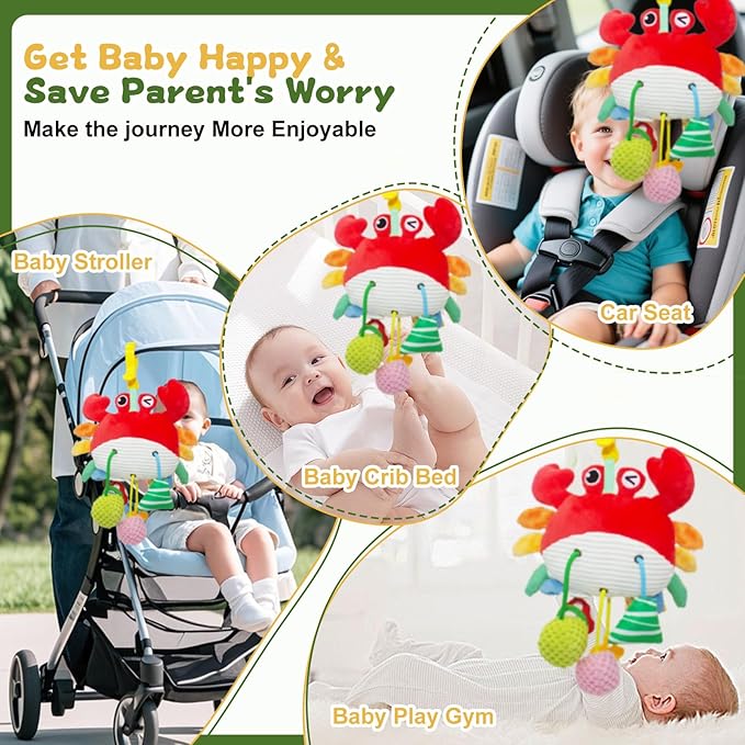 ElapseGlow Crab Baby Toy - Clip-On Hanging Sensory Toy for Car Seat, Stroller, Gym with Squeaker, Crinkle, Rattle, Mirror & Teether | Soft Plush 18 Months Infant Developmental Toy for Tummy Time (Red)