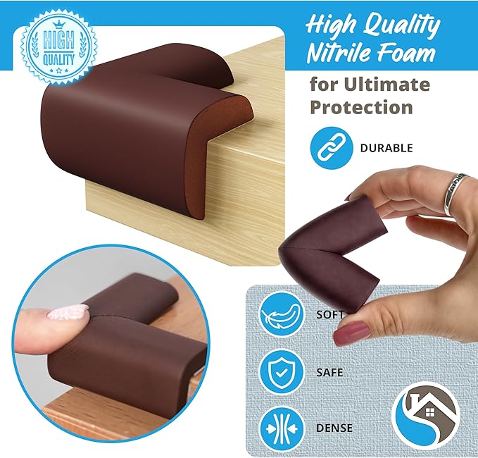 12-Pack Corner Protectors Baby Proof, Furniture Corner and Edge Safety Bumpers, Soft Rubber Foam Cushion Covers, 3M Taped Corner Guards, Baby Child Proofing Pads, Table Corner Protectors, Brown