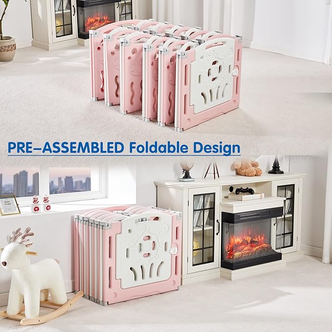 Albott Baby Playpen, 14 Panels Foldable Baby Fence with Game Panel and Safety Gate, Adjustable Shape, Portable Play Yards for Children Toddlers Indoors or Outdoors (Pink+White,14 Panel)