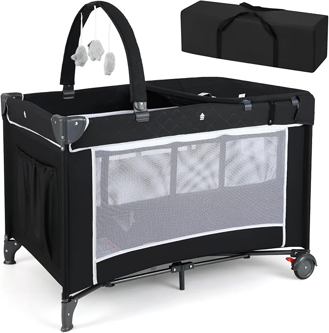 HONEY JOY Pack and Play, 4 in 1 Folding Infant Playpen with Bassinet, Quickly Assembled, Breathable Mesh Fabric, Carry Bag, Diaper Changing Table, Toys, Portable Crib for Babies & Toddlers (Black)