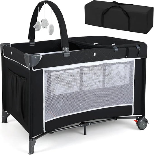 HONEY JOY Pack and Play, 4 in 1 Folding Infant Playpen with Bassinet, Quickly Assembled, Breathable Mesh Fabric, Carry Bag, Diaper Changing Table, Toys, Portable Crib for Babies & Toddlers (Black)