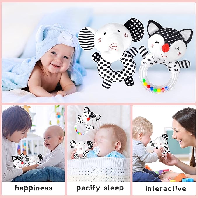 Baby Rattles 0-6 Months Newborn Toys Infant Toys 0-6 Months Rattles for Babies 0-6 Months Baby Toys 0-6 Months, Black and White High Contrast Baby Toys for 0 3 6 9 12 Months (Baby Rattles)