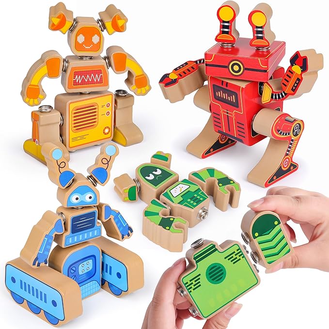Coogam Fine Motor Building Robot Blocks for 3 4 5 Years Old Kids, Wooden Snap Together Builders, STEM Take Apart Robot Playset, Educational Learning Toy Gift for Boys Girls