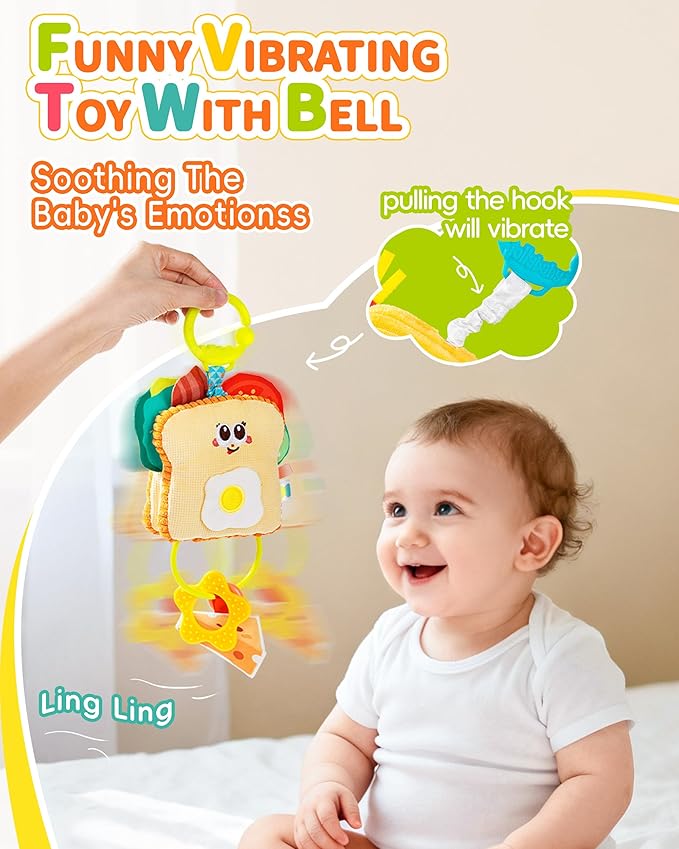 Jollybaby Baby Pull Vibration Toy - Tummy Time Sensory Hanging Toys for Car Seat, Stroller, Crib & Play Gym, with Babies Rattles & Teether, Airplane Travel Toys for Toddlers Gift- Toast