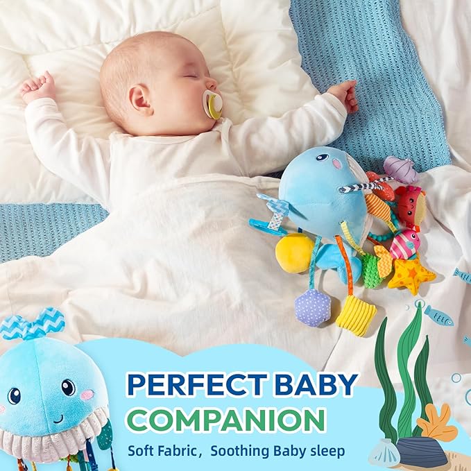 Jollybaby Activity Pull String Hanging Toy for Baby Stroller Car Seat Crib Play Gym, Plush Stuffed Ocean Whale Toy for Carseat with Teether Rattles, Montessori Sensory Toy for Baby Gift