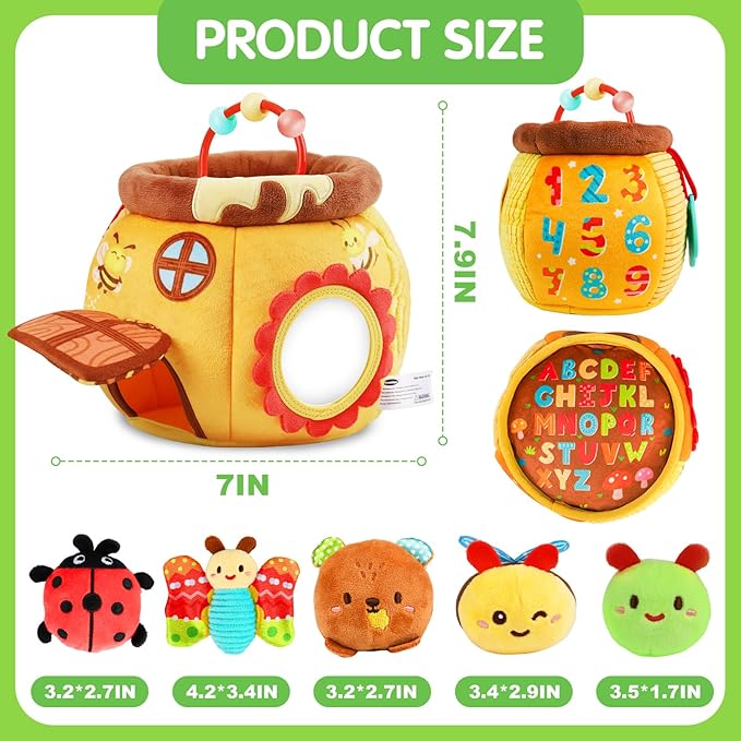 Baby Toys 6-12 Months - Soft Beehive with 5 Sensory Stuffed Animals, Rattle, Crinkle & Mirror, Montessori Toys for 6 7 8 9 10 Month Old Baby Boy Girl Valentines Gifts Easter Basket Stuffers Ages 0-2