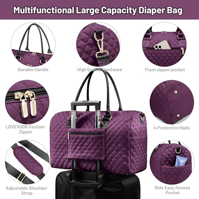 LOVEVOOK Diaper Bag Tote with Pacifier Case and Changing Pad, Large Capacity Mommy Bag for Hospital and Weekender Travel, Functional Baby Bag Newborn Baby Essential, Purple
