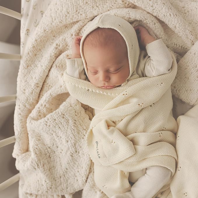 Bleu La La Baby Gift Set - Organic Cotton Newborn Blanket Essentials, Thoughtful Baby Shower & New Baby Gift for Boys & Girls (Pointelle - Butter Cream)