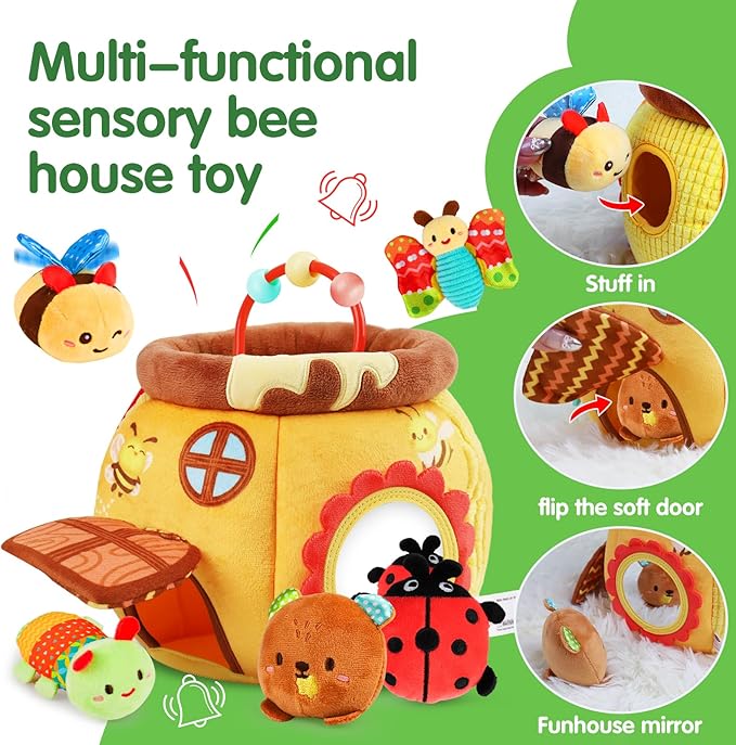 Baby Toys 6-12 Months - Soft Beehive with 5 Sensory Stuffed Animals, Rattle, Crinkle & Mirror, Montessori Toys for 6 7 8 9 10 Month Old Baby Boy Girl Valentines Gifts Easter Basket Stuffers Ages 0-2