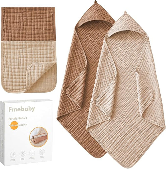 Fmebaby 2 Pack Muslin Hooded Baby Bath Towels and 2 Pack WashCloth Set, 36x36 Inch Soft Cotton Bath Towel Baby Wipes Absorbent Bath Face Towels Burp Cloths Face Towels for Girl Boy(Coffee and Apricot)