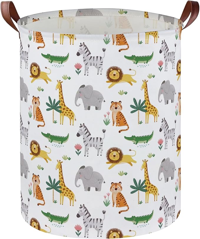 Essme Kids Laundry Basket,Animal Hamper Collapsible Canvas Waterproof Storage Bin for Boys, Cute Hamper,Gift Baskets(Playful Animals)