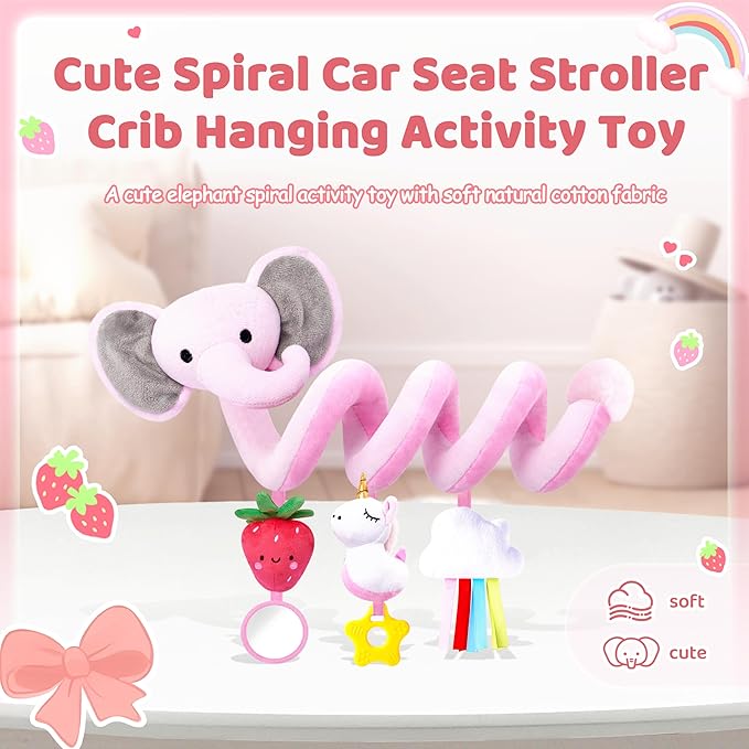 Spiral Car Seat Toys for Baby Girls 0-6 Months, Cute Pink Elephant Strawberry Stuff, Perfect Newborn Shower Gifts for Girls Essentials