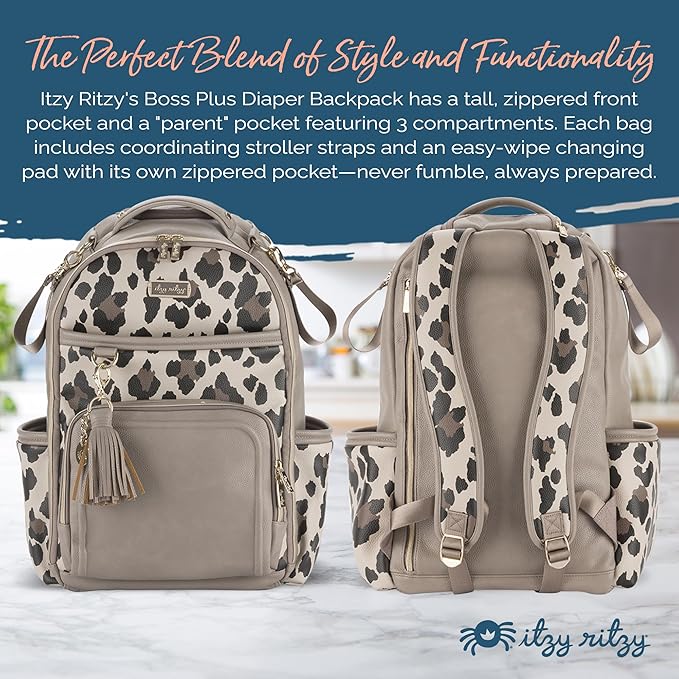 Itzy Ritzy Diaper Bag Backpack – Large Capacity Boss Plus Baby Backpack Diaper Bag Featuring 19 Pockets, Changing Pad, Stroller Clips, and Comfortable Straps (Leopard)