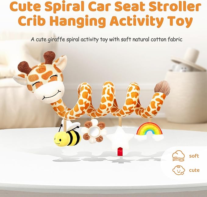 Stuffed Spiral Car Seat Baby Toys 0-6 Months, Infant Giraffe Sensory Toys Hanging Stroller Accessories, Newborn Shower Gifts for Baby Boys Girls Essentials | Cute Colorful Giraffe